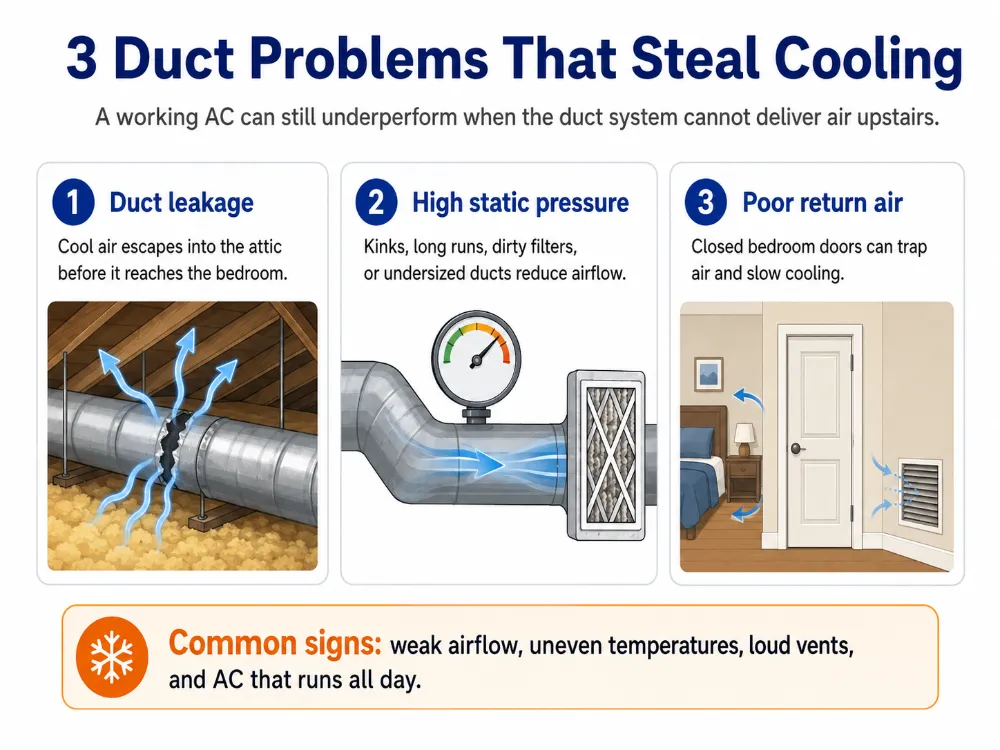 Infographic showing duct leakage, high static pressure, and poor return air as causes of hot upstairs rooms.