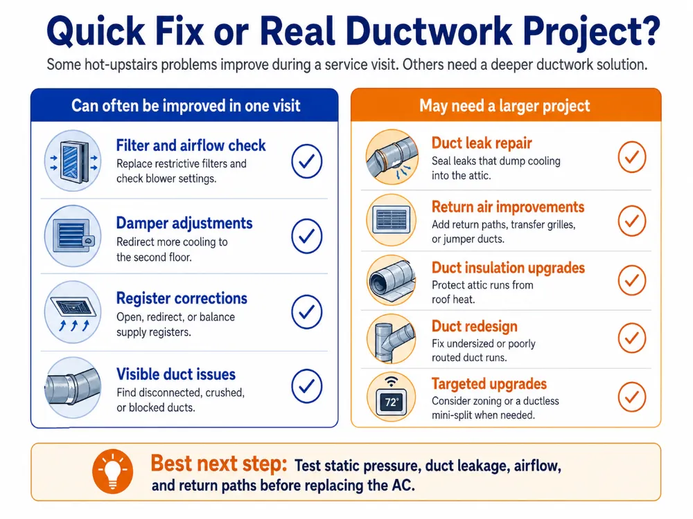 Infographic comparing quick HVAC service fixes with larger ductwork projects for hot upstairs rooms.”